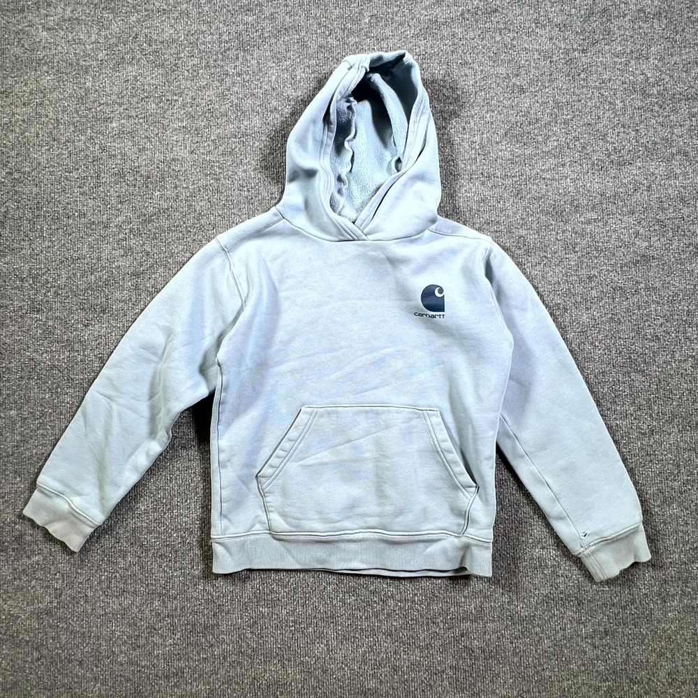 Carhartt Hoodie Boys M (10-12) Blue Cotton Logo Fleece Lined Long Sleeve Outdoor